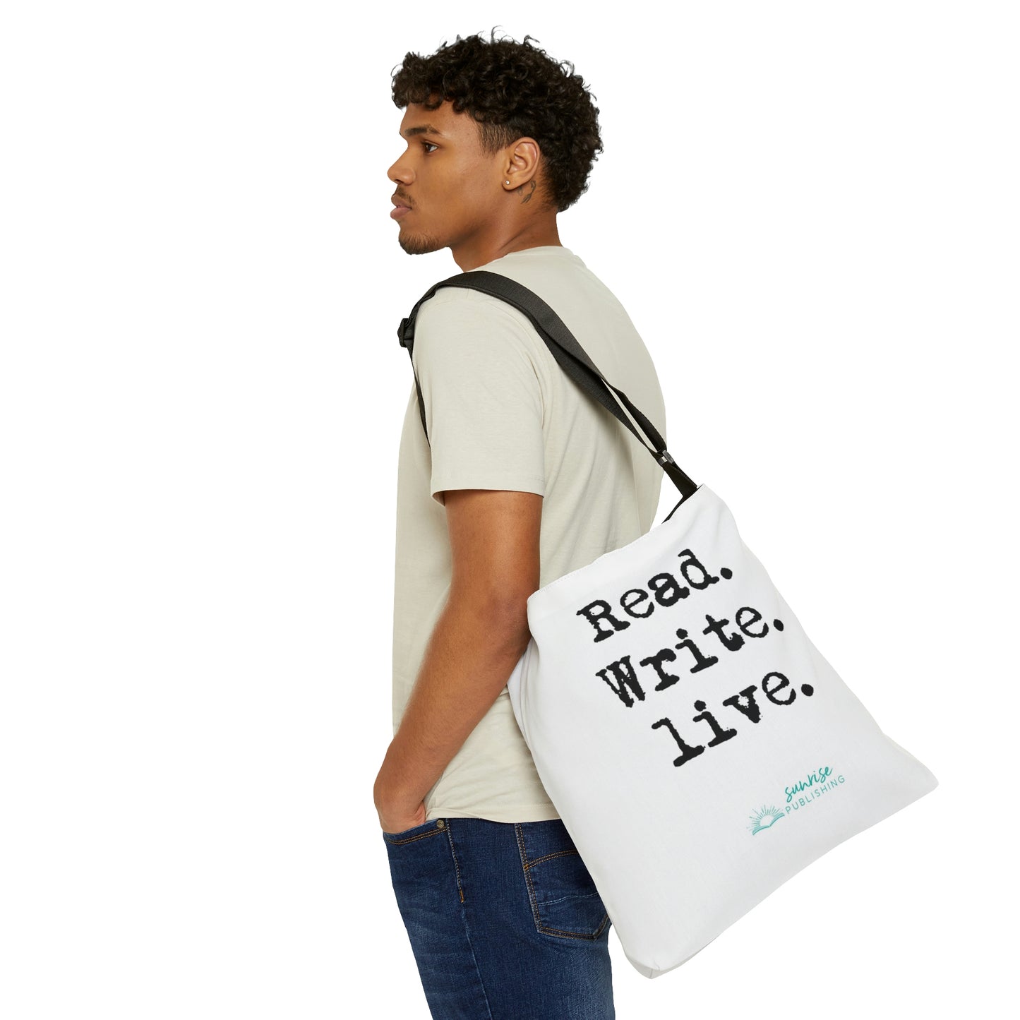 "Read. Write. live."  - Adjustable Tote Bag